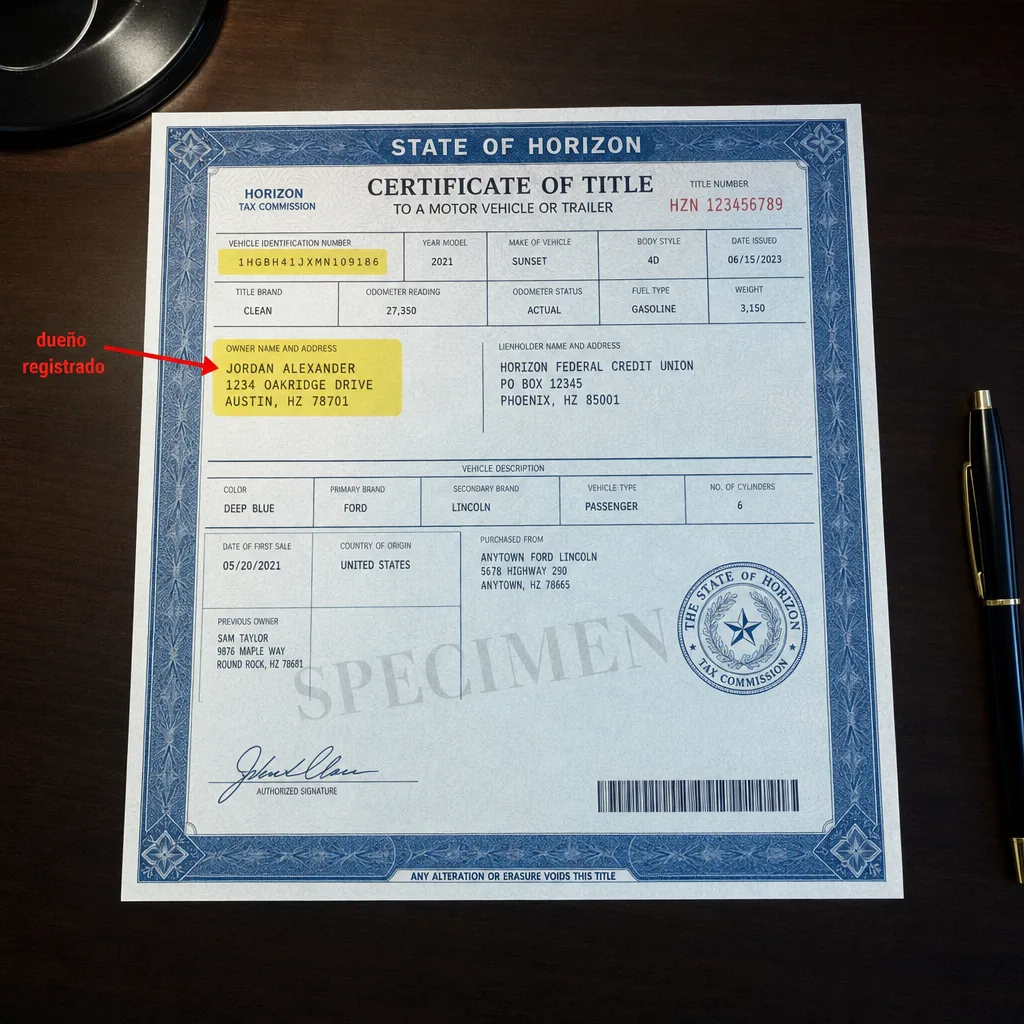 Título de propiedad de ejemplo con el campo del dueño registrado y el VIN resaltados
