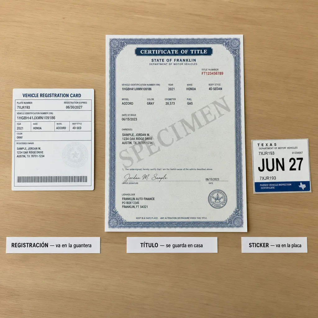 Los tres documentos del carro comparados: tarjeta de registración, título de propiedad y sticker de renovación de la placa