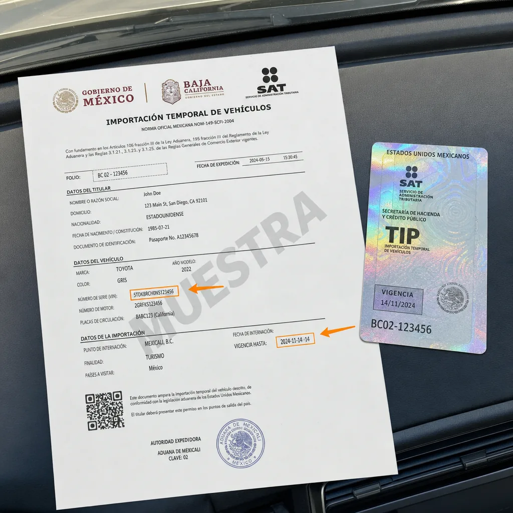 Permiso de importación temporal de vehículo (TIP) de ejemplo junto al engomado holográfico del parabrisas, con la vigencia y el VIN resaltados