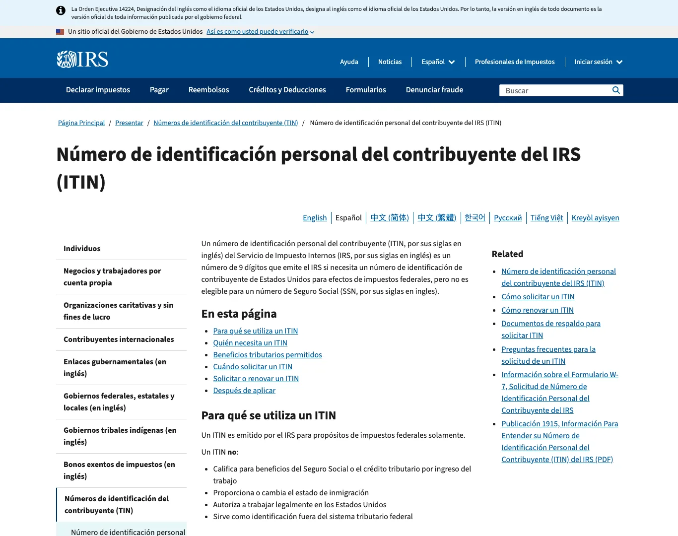Página oficial del ITIN en el sitio del IRS (irs.gov)