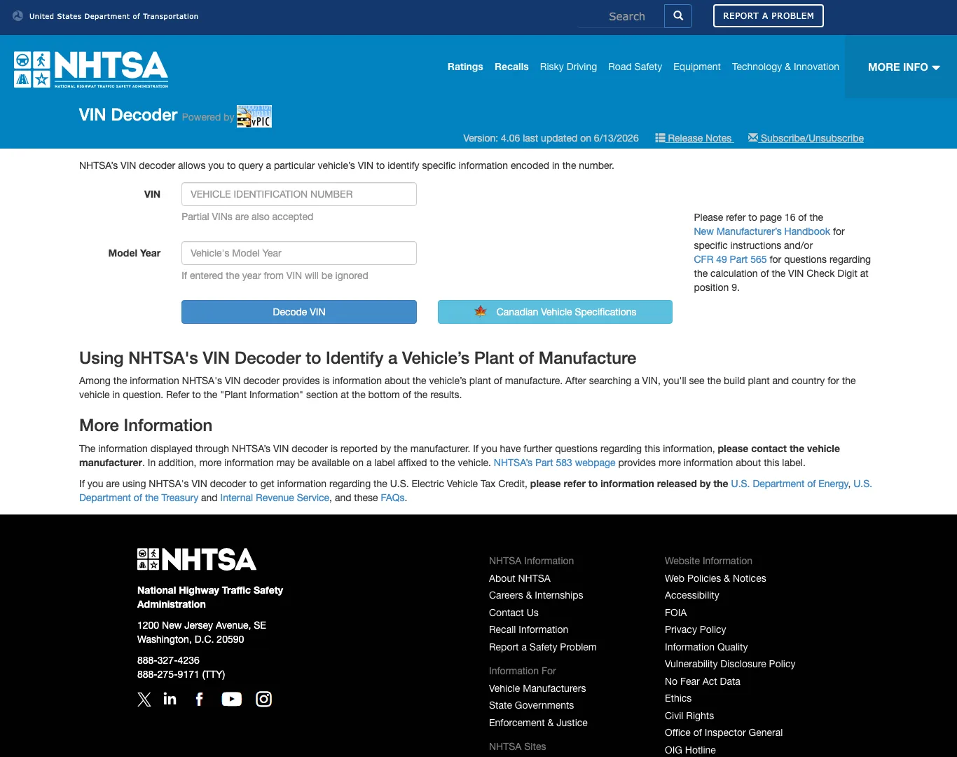 Decodificador de VIN oficial del NHTSA / vPIC (vpic.nhtsa.dot.gov)