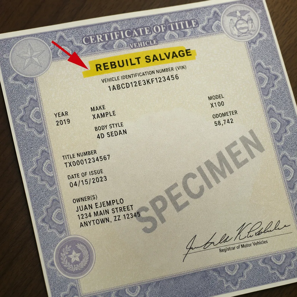 Titulo de carro (specimen ilustrativo) con la marca REBUILT SALVAGE impresa y resaltada cerca del VIN