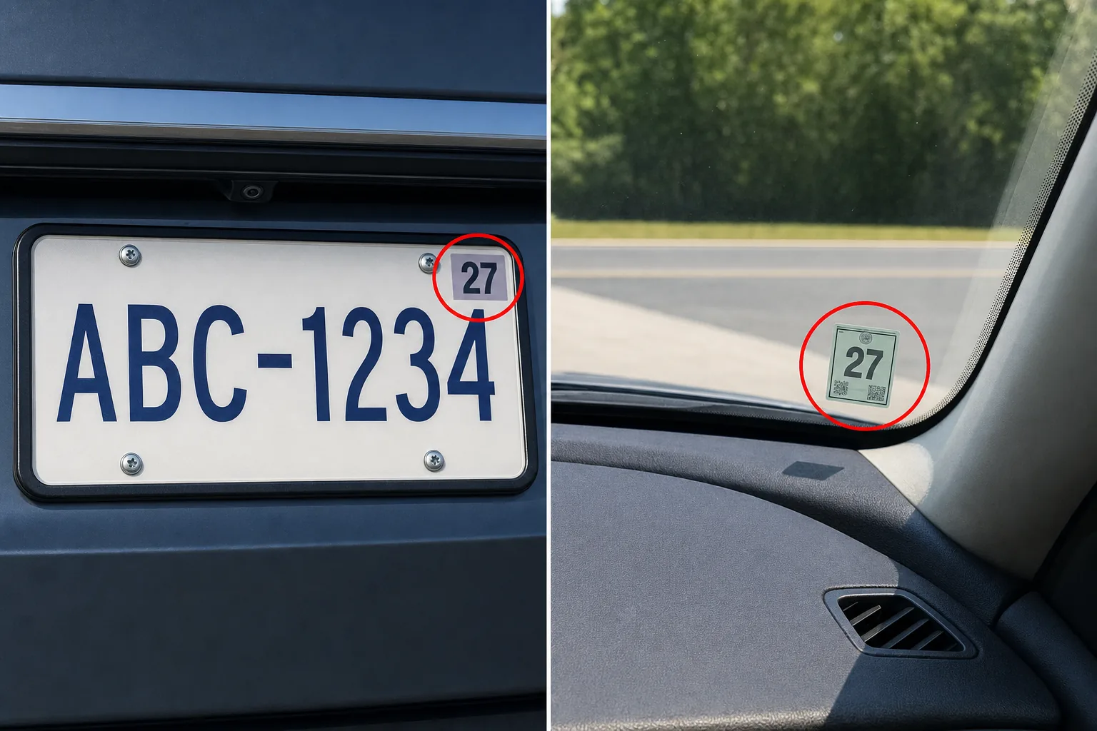 Donde va el sticker de registracion: en la esquina de la placa en unos estados y pegado por dentro del parabrisas en otros