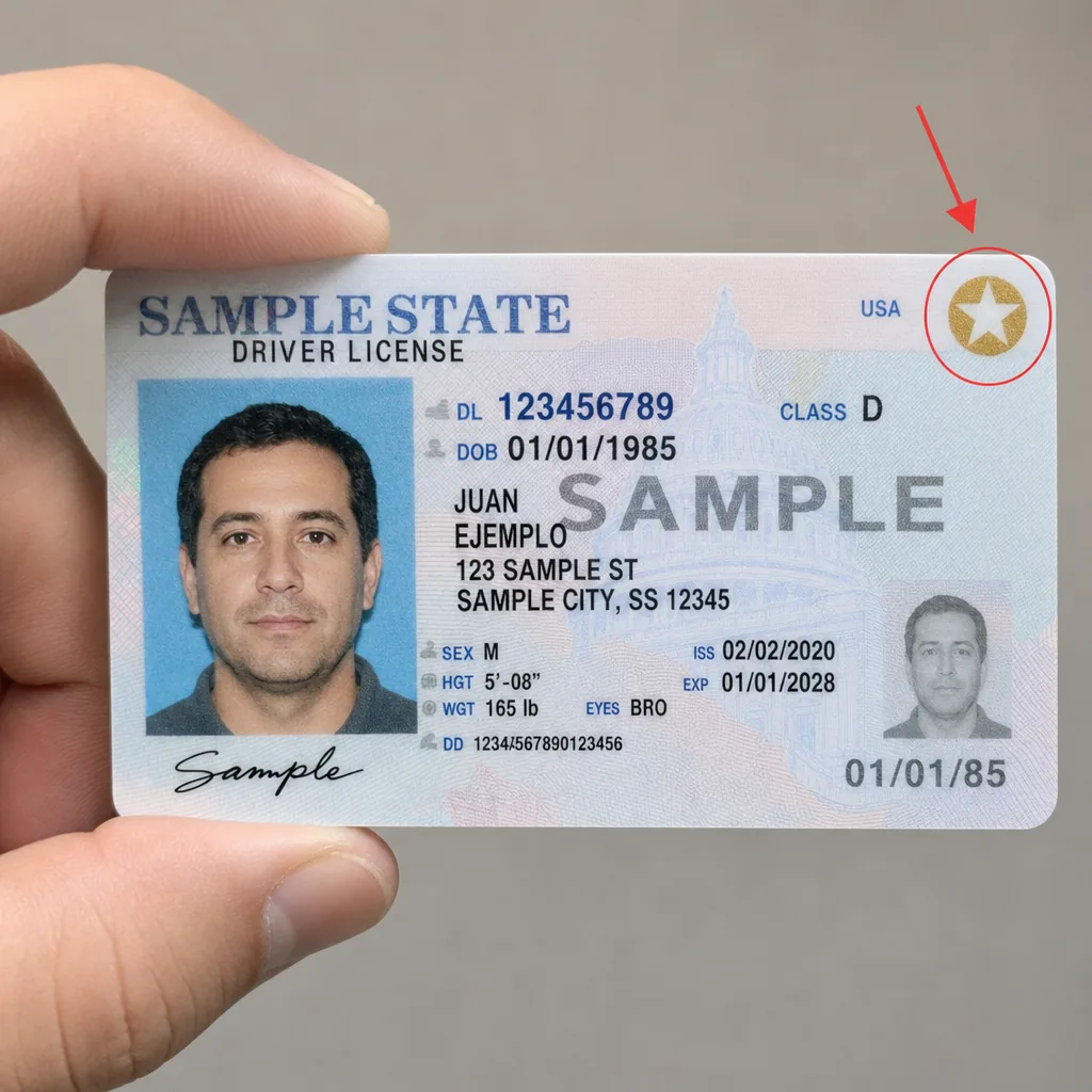 Licencia de conducir (specimen ilustrativo) con la estrella dorada del REAL ID resaltada en la esquina superior derecha