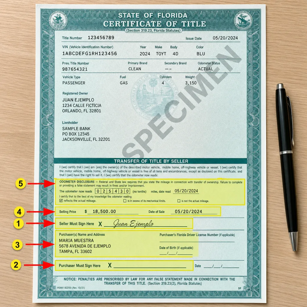 Titulo de carro de Florida (specimen ilustrativo) con flechas marcando donde firma el vendedor, donde firma el comprador y donde van precio, fecha y odometro
